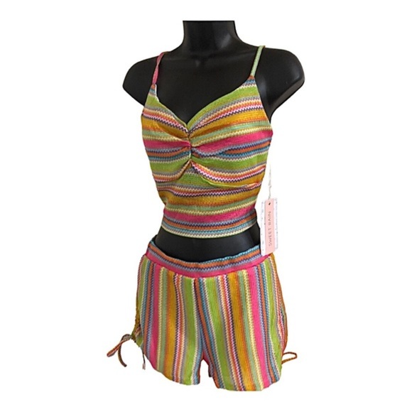 2pc rainbow multicolored crochet mesh look tank top & side tie shorts set size S - Picture 3 of 13